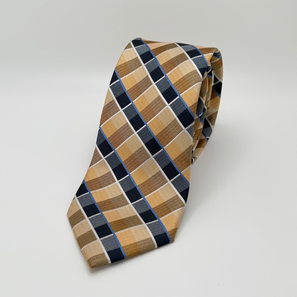 Vintage Pierre Cardin Blue Gold Cream Check Stripe Hand Made Tie 59.5" Long